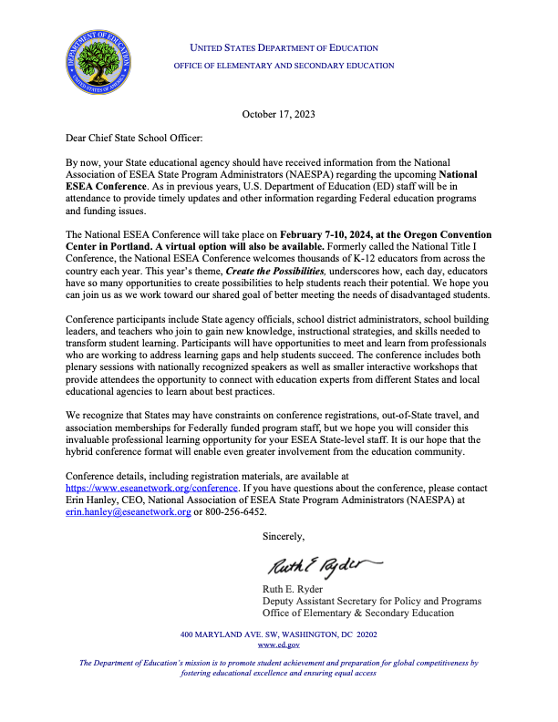 Letter from Deputy Assistant Secretary Ryder re National ESEA